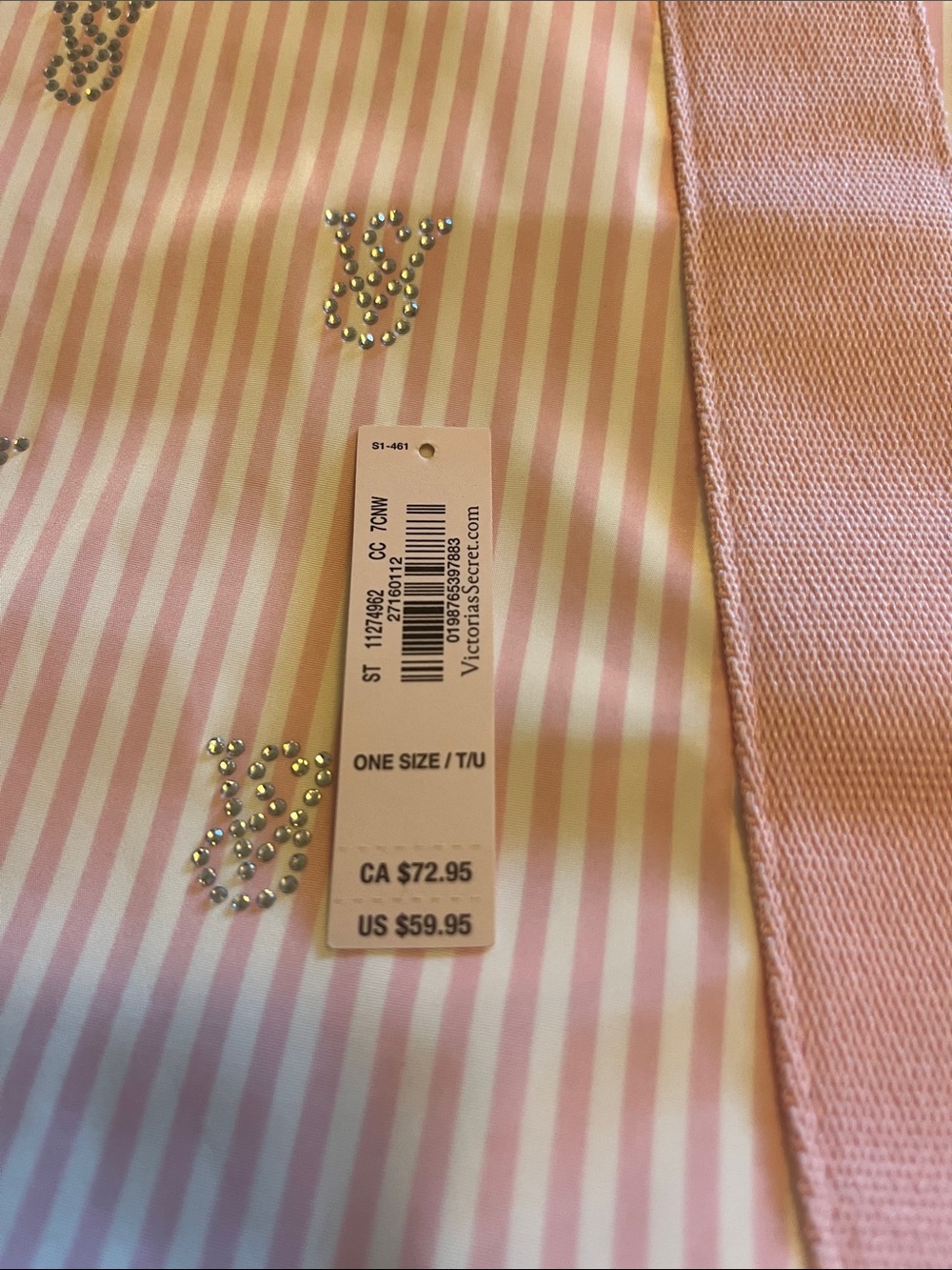 Victoria's Secret Pink Striped Tote with Rhinestone VS Accents - Picture 9 of 11